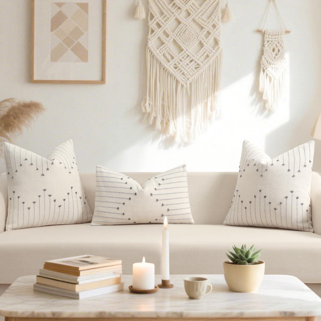 Boho Outdoor Throw Pillow Covers 18x18 Set of 2 Neutral Woven Decorative Pillowcases Cotton Tufted Couch Pillows Modern Farmhouse Cushion Covers for Sofa Couch Bed Living Room Home Decor, Navy Blue