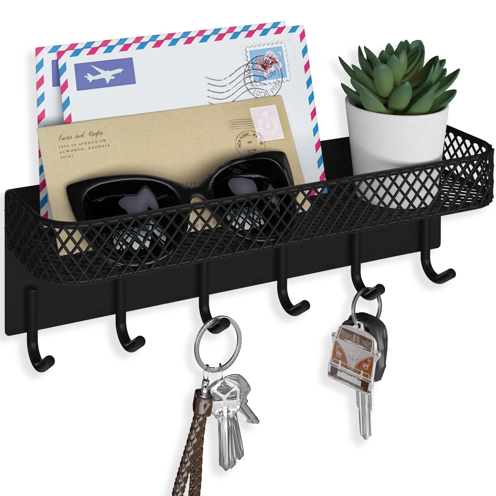 Key Holder for Wall – Decorative Stainless Steel Key Hanger with 6 Hooks for Hats, Bags, Leashes – Mail Holder Key Rack with Mounting Hardware and Guide (9.65” x 2.8” x 2.2”) (Black)