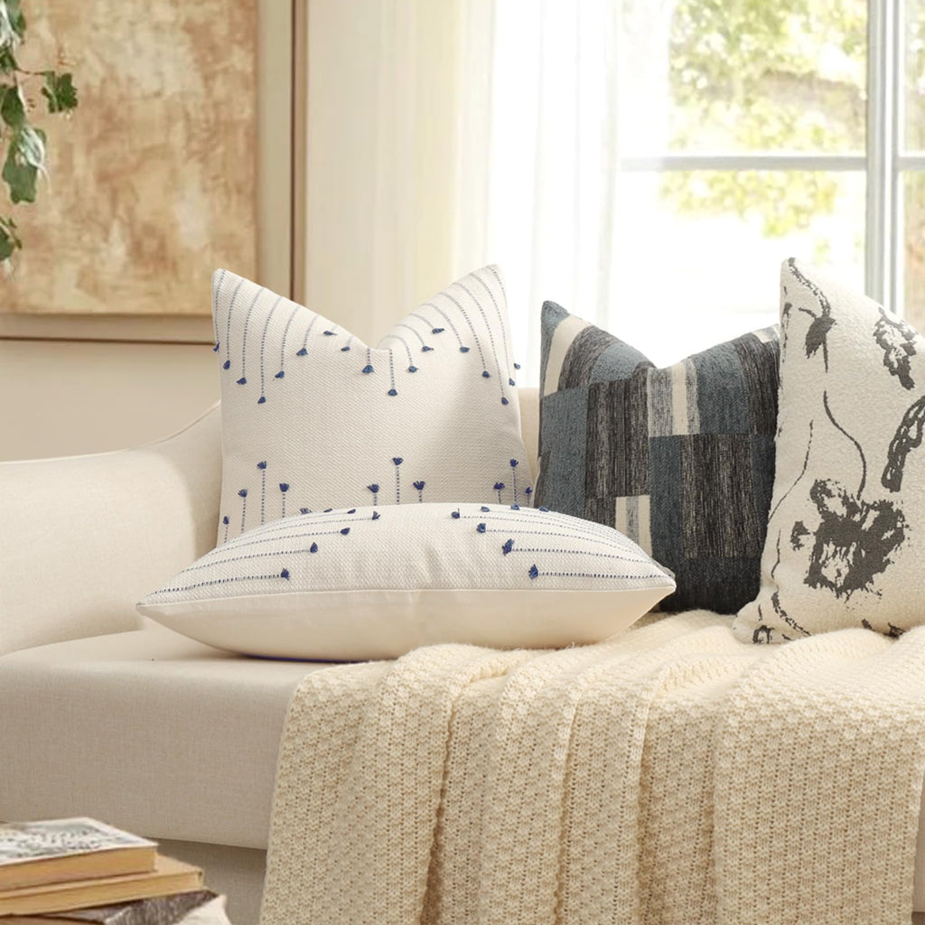 Boho Outdoor Throw Pillow Covers 18x18 Set of 2 Neutral Woven Decorative Pillowcases Cotton Tufted Couch Pillows Modern Farmhouse Cushion Covers for Sofa Couch Bed Living Room Home Decor, Navy Blue