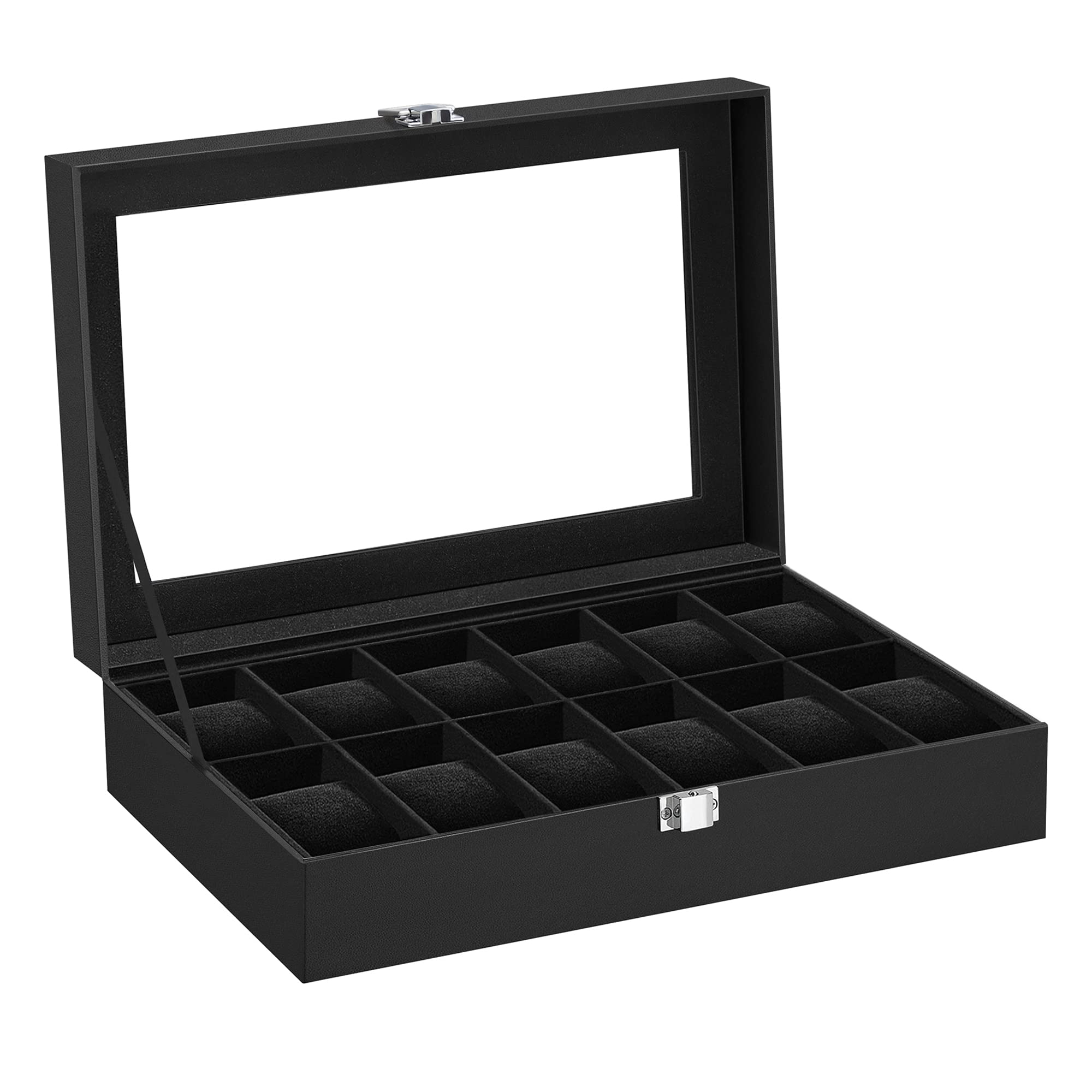 SONGMICS Watch Box, 12-Slot Watch Case Organizer with Large Glass Lid, Removable Pillows, Gift for Loved Ones, Black Synthetic Leather, Gray Lining UJWB12BK