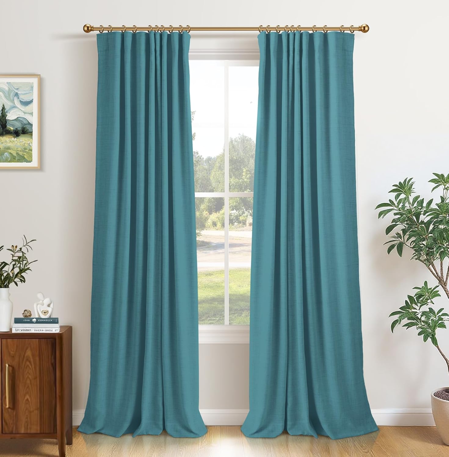 INOVADAY 100% Blackout Curtains for Bedroom, Black Out Curtains 84 Inch Long, Clip Rings Linen Blackout Drapes, Thermal Insulated Room Darkening for Living Room, 2 Panels - Beige,W50xL84