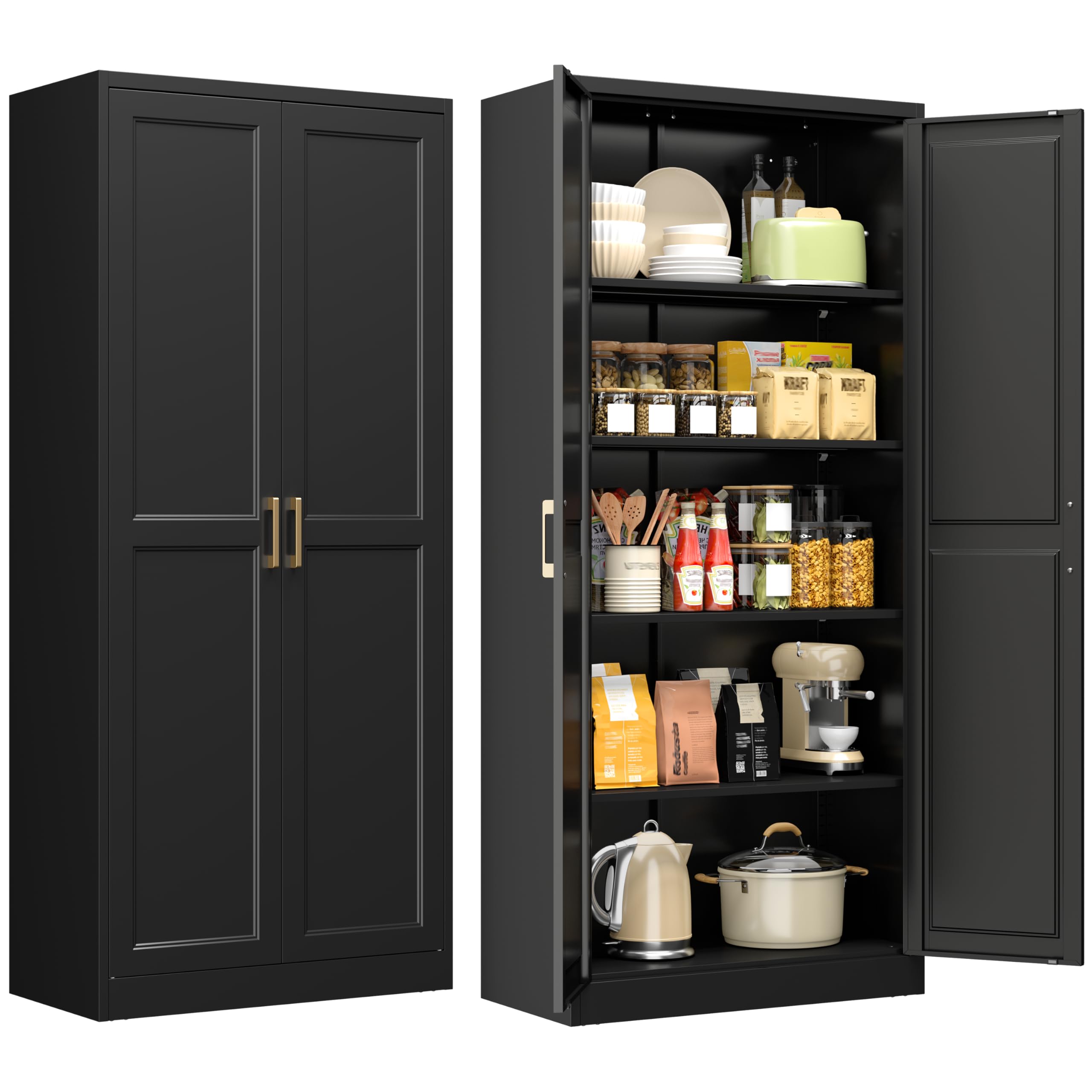 75" Tall Metal Kitchen Storage Cabinet,White Kitchen Pantry Storage Cabinet with Doors and 4 Adjustable Shelves,Utility Cabinet for Living Room,Garage,Dining Room and Office,Assemble Required