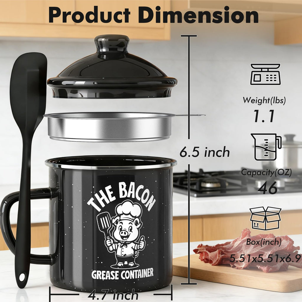PGYARD Mini Bacon Grease Saver With Strainer - 15OZ Enamel Grease Container, Farmhouse Bacon Grease Keeper For Kitchen Fat Storage, Dishwasher Safe-Red