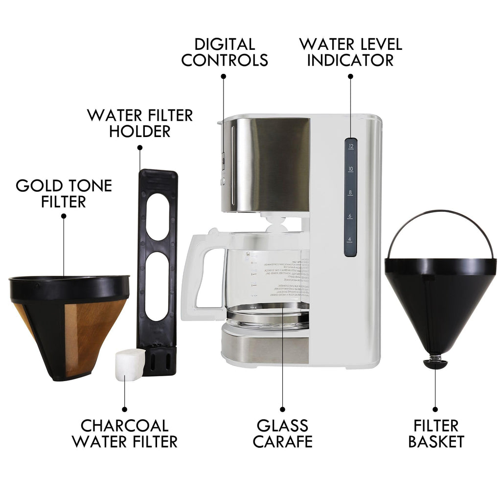 Kenmore Drip Coffee Maker - Programmable Cafe Machine With Glass Pot, Regular & Bold Brew, Auto Shut Off Large Water Reservoir, Reusable Filter, Kitchen Appliances For Cafeteria Barista, 12 Cup Black
