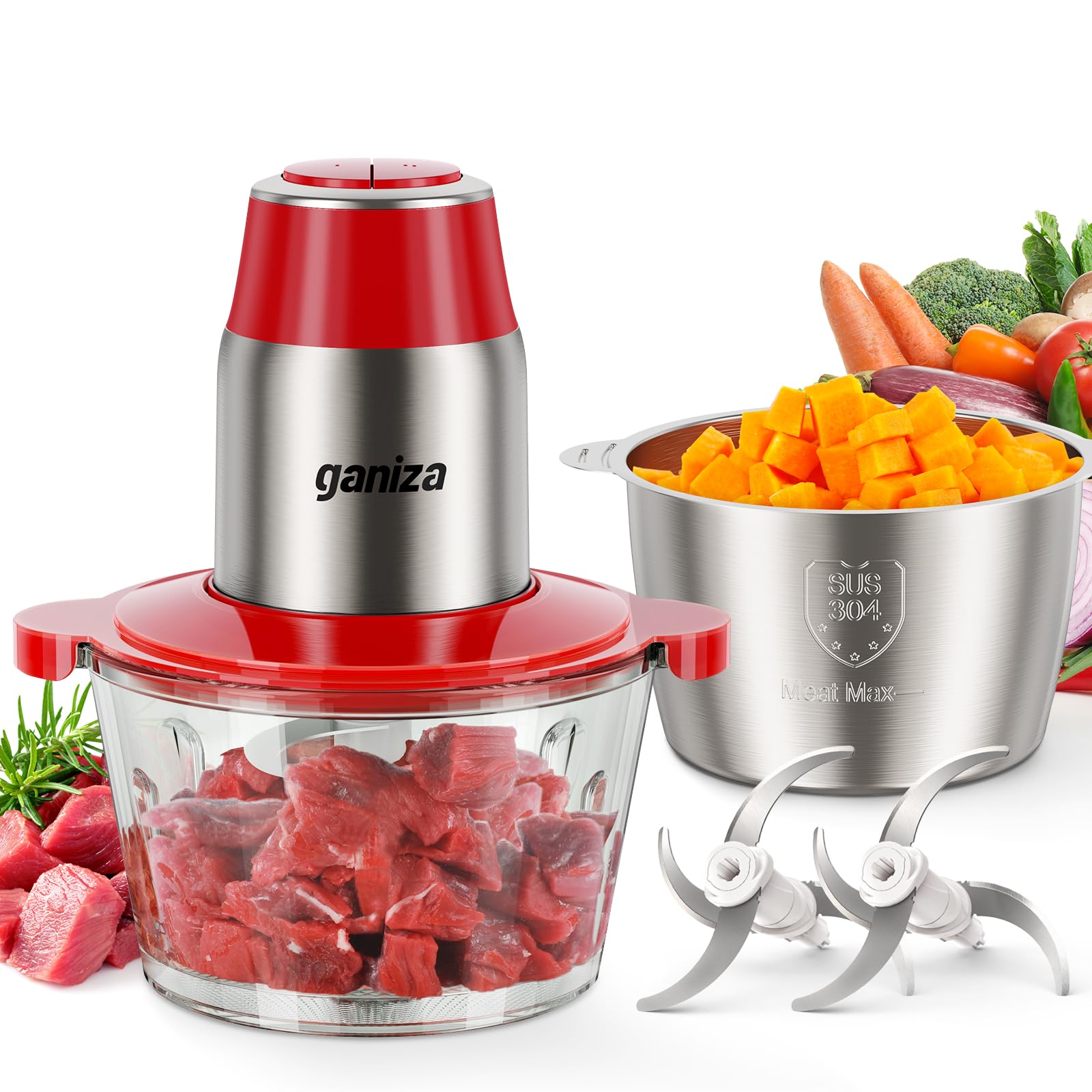 GANIZA Procesadores de alimentos, picadora eléctrica de alimentos con picadora de carne y picadora de verduras, 2 cuencos (8 tazas+8 tazas) con potente motor de cobre de 450 W, incluye 2 juegos de