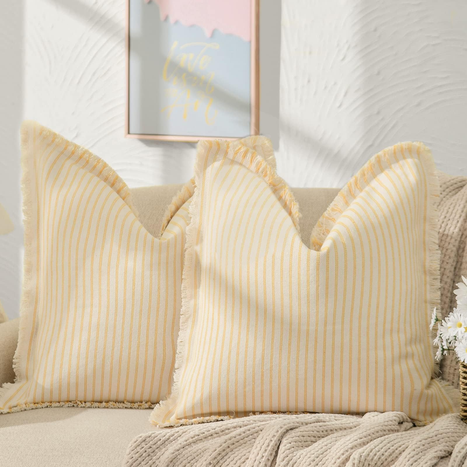 ZWJD Throw Pillow Covers 20x20 Set of 2 Striped Pillow Covers with Fringe Chic Cotton Decorative Pillows Square Cushion Covers for Sofa Couch Bed Living Room Farmhouse Decor, (Gray)