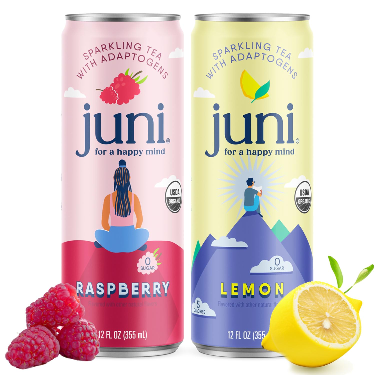 JUNI Sparkling Tea Lemon and Raspberry Bundle, Crafted with a 5-Super Blend of Adaptogens & Nootropics (24-pack)