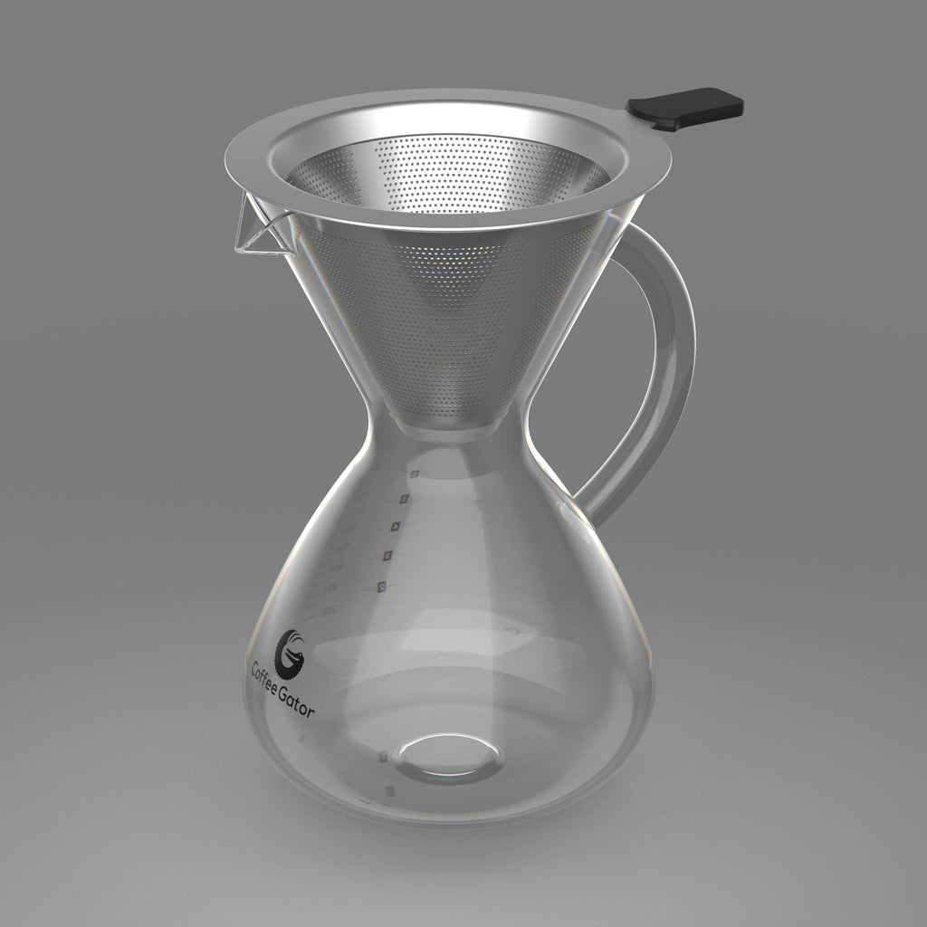 Coffee Gator Pour Over Coffee Maker - 27oz High Heat Borosilicate Glass with Reusable Stainless Steel Filter, Drip Coffee Brewer Dripper Set Carafe, 800ml Clear