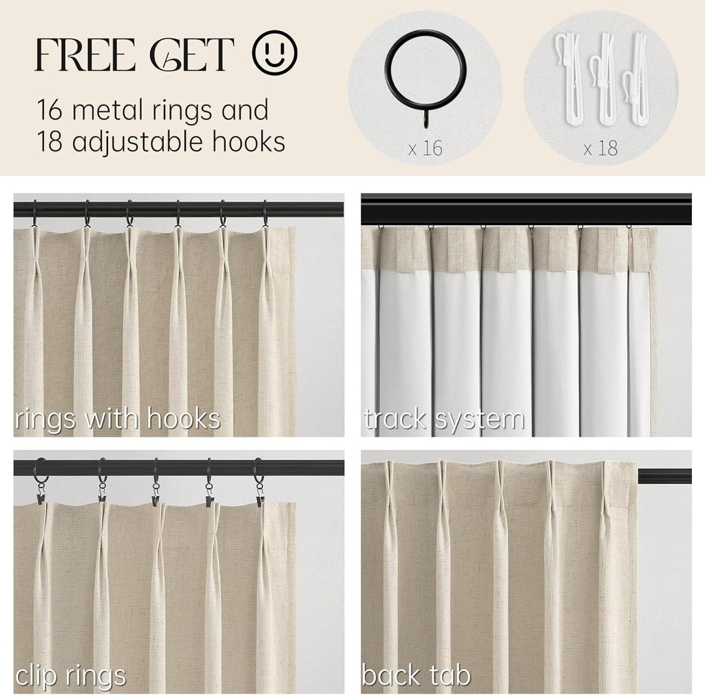 Topfinel Extral Wide Custom Sliding Door Curtains, Cream Beige Pinch Pleated 100% Blackout Linen Luxury Curtains with Hooks for Patio Large Window Living Room Track, 72" Wx84 L 2 Panel