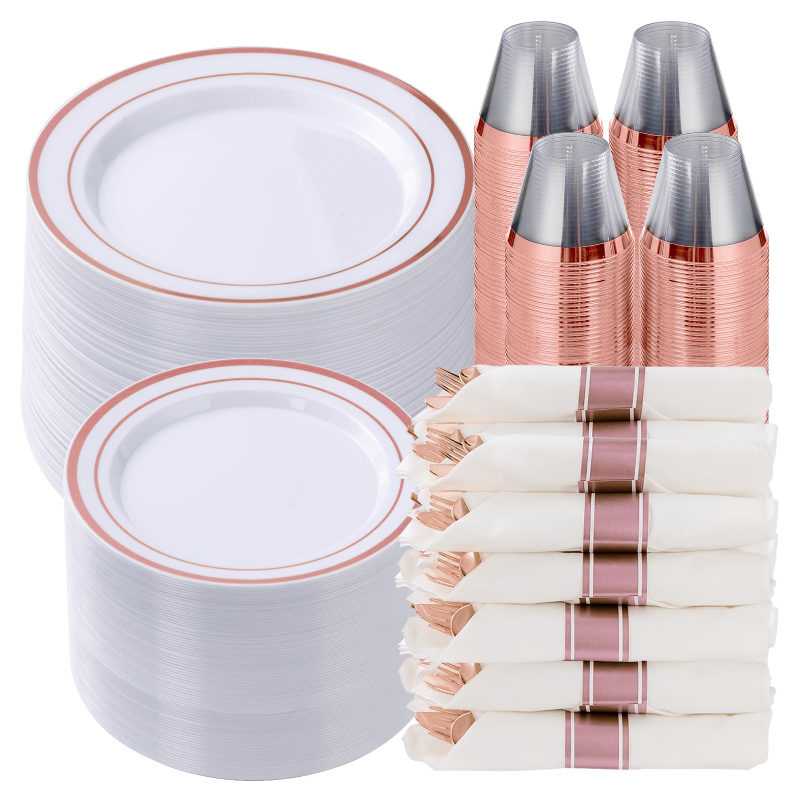 Goodluck 350 Piece Silver Plastic Dinnerware Set for 50 Guests, Fancy Disposable Plates for Party, Include: 50 Dinner Plates, 50 Dessert Plates, 50 Pre Rolled Napkins with Silver Silverware, 50 Cups