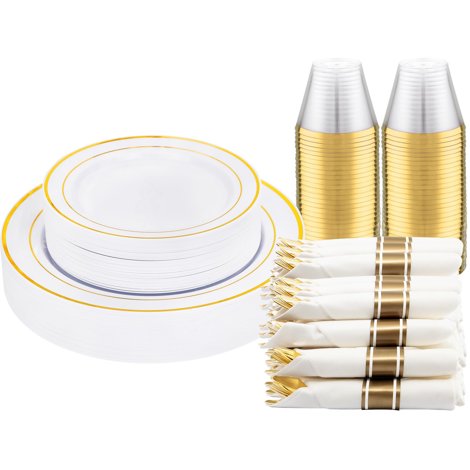 DaYammi 350PCS Gold Plastic Dinnerware Set for 50 Guests, Fancy Disposable Plates for Party, Include: 50 Dinner Plates, 50 Dessert Plates, 50 Pre Rolled Napkins with Gold Silverware, 50 Cups