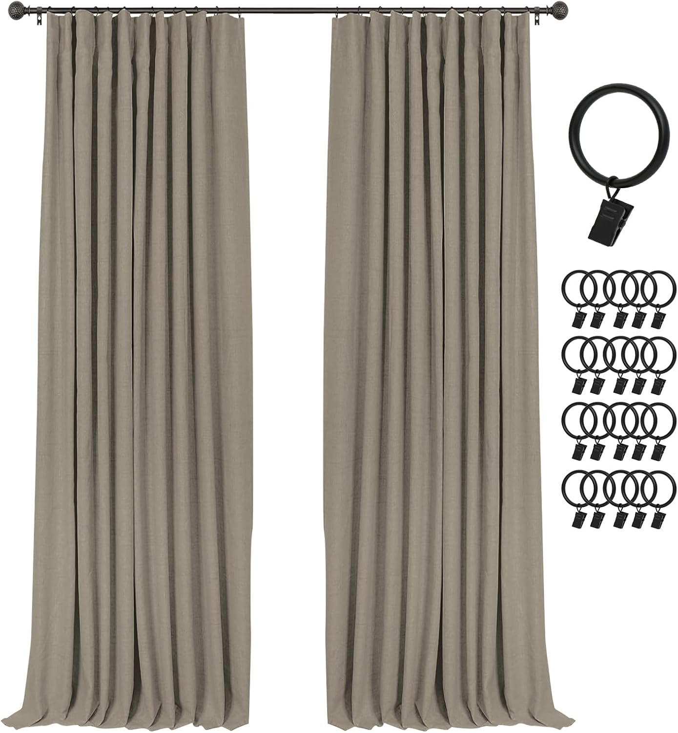 INOVADAY 100% Blackout Curtains for Bedroom, Black Out Curtains 84 Inch Long, Clip Rings Linen Blackout Drapes, Thermal Insulated Room Darkening for Living Room, 2 Panels - Beige,W50xL84
