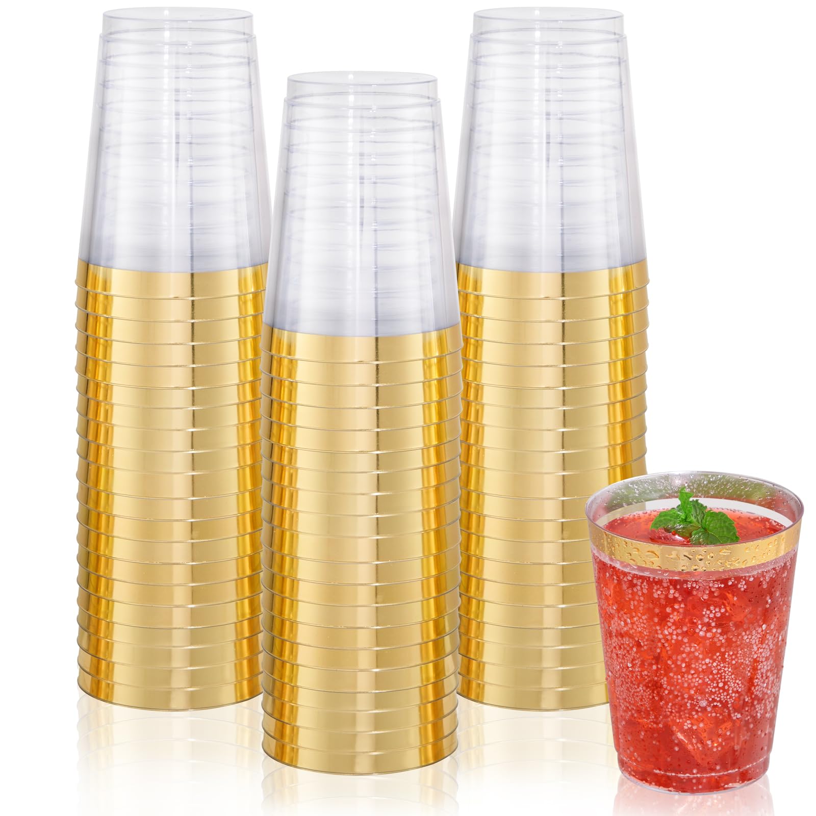 DaYammi 200 Pack Gold Plastic Cups 10 Oz Clear Cup Gold Rimmed Disposable Wine Glasses Fancy Disposable Party Cups Tumblers Drinking Cup Plastic Cocktail Glasses gold disposable cups for Party Wedding