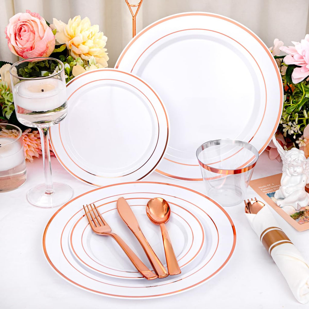 DaYammi 350PCS Gold Plastic Dinnerware Set for 50 Guests, Fancy Disposable Plates for Party, Include: 50 Dinner Plates, 50 Dessert Plates, 50 Pre Rolled Napkins with Gold Silverware, 50 Cups