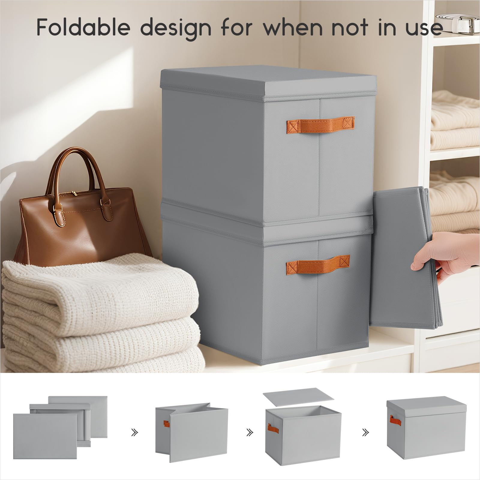 Homsorout Storage Bins with Lids - Fabric Storage Baskets for Shelves, 6 Pack Foldable Decorative Boxes with Handles, Stackable Organizer Bins for Home, Nursery, Dorm, Beige
