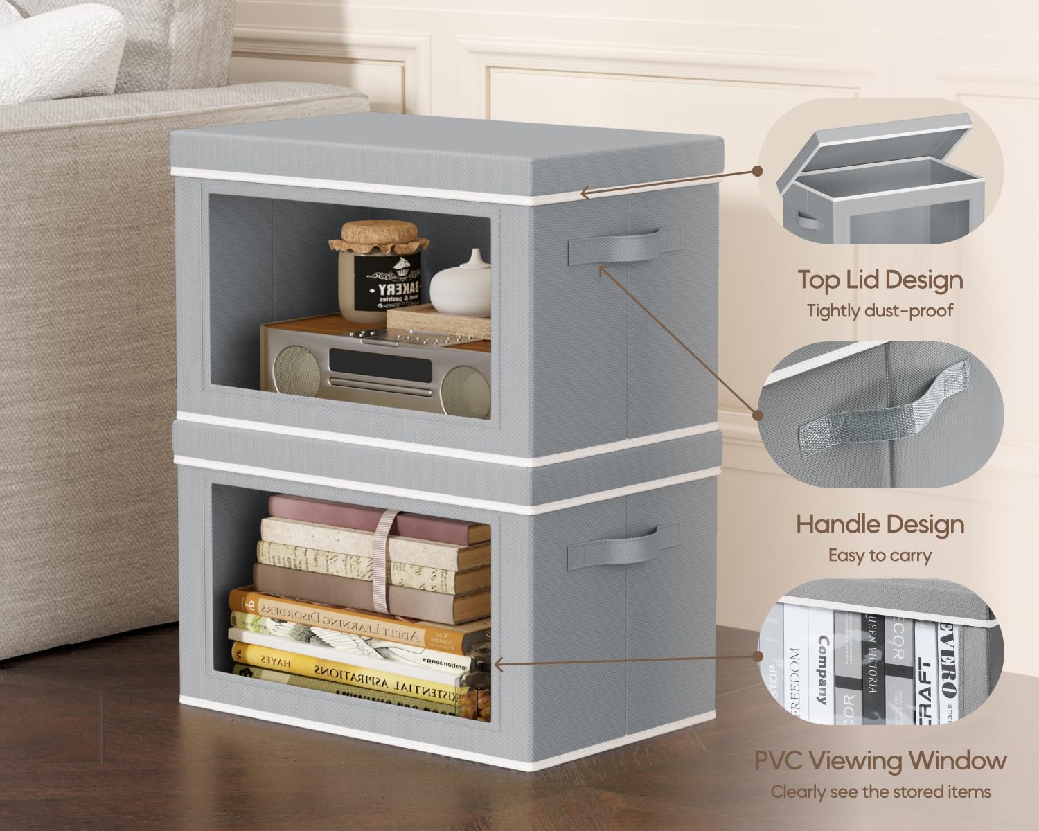 Homsorout Collapsible Storage Bins with Lids - Stackable Storage Containers with Window, 6 Pack Fabric Organizing Bins for Closet, Home & Office Organization Baskets, Beige, 14.9" x 9.8" x 9.8"