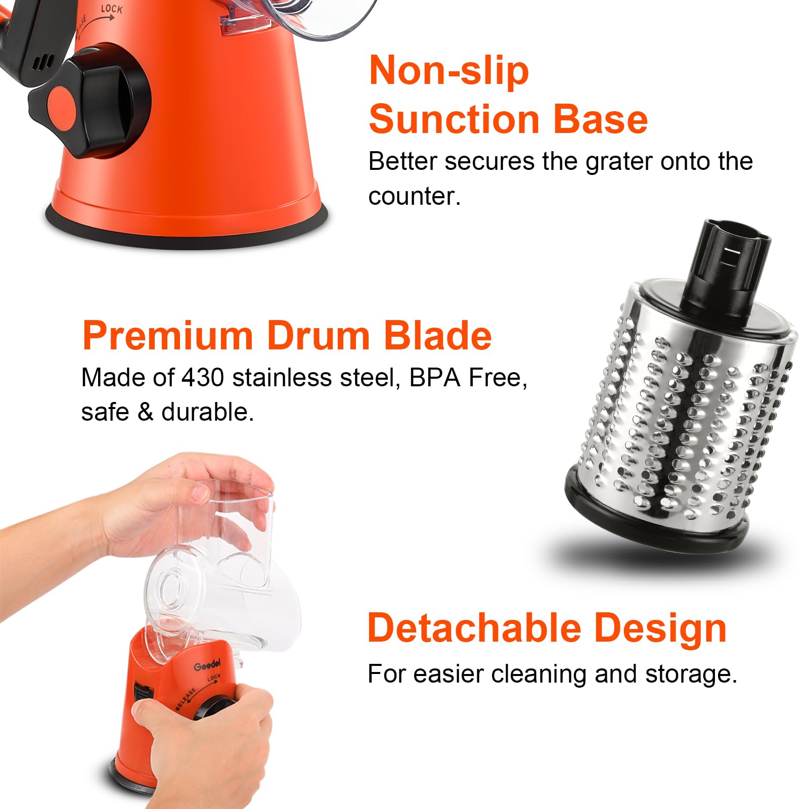 Geedel Rotary Cheese Grater, Kitchen Mandoline Vegetable Slicer with 3 Interchangeable Blades, Easy to Clean Rotary Grater Slicer for Fruit, Vegetables, Nuts