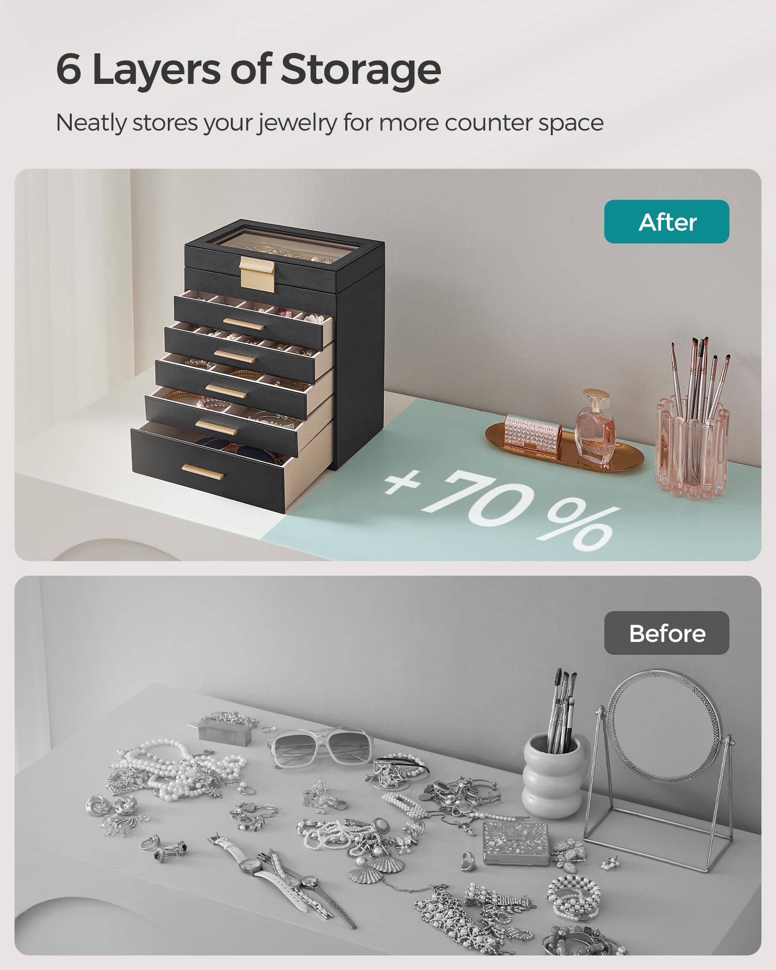 SONGMICS GISELLA Collection - Jewelry Box Organizer, 3-Layer Jewelry Storage with 2 Drawers, Shiny Metal Hardware, Glass Lid, Modern, 8 x 9.1 x 5.3 Inches, Cloud White and Gold Color UJBC239WT
