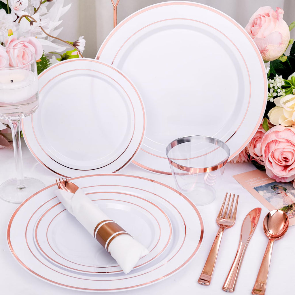 DaYammi 350PCS Gold Plastic Dinnerware Set for 50 Guests, Fancy Disposable Plates for Party, Include: 50 Dinner Plates, 50 Dessert Plates, 50 Pre Rolled Napkins with Gold Silverware, 50 Cups