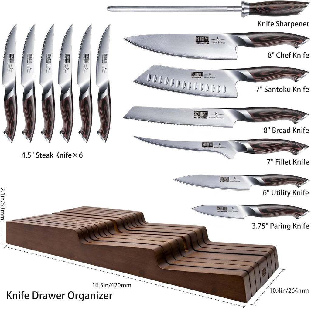 HOSHANHO Kitchen Knife Set with Block, 14-Piece Professional Ultra Sharp Knife Block Set in Knife Drawer Organizer, Japanese High Carbon Stainless Steel Chef Knives Set with Sharpener