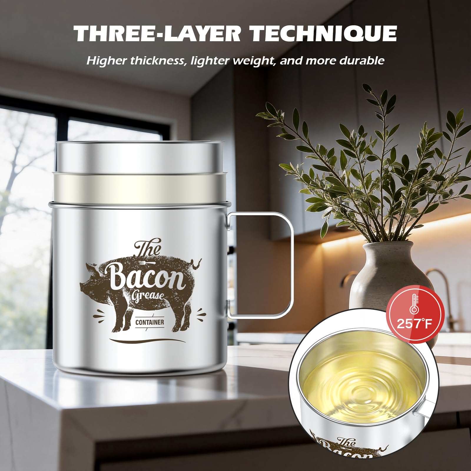 PGYARD Mini Bacon Grease Saver With Strainer - 20 OZ Stainless Steel Oil Container, Farmhouse Bacon Grease Keeper For Kitchen Fat Storage, Dishwasher Safe-Silver