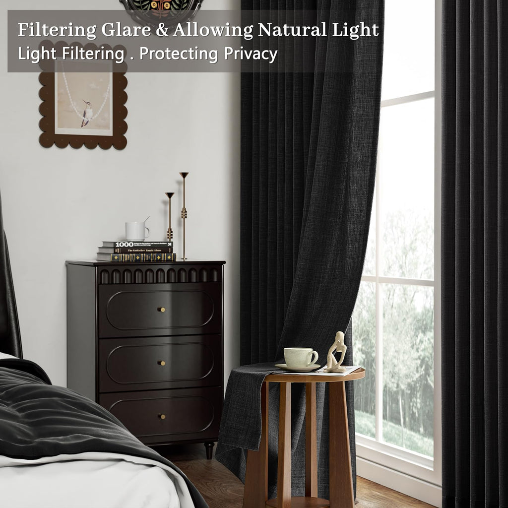 Pinch Pleated Linen Curtains 96 Inches Extra Long Olive Green Drapes, Thick Linen Light Filtering Memory Trained Pleat Curtain for Living Room and Bedroom Privacy 2 Panels Texture with Back Tab