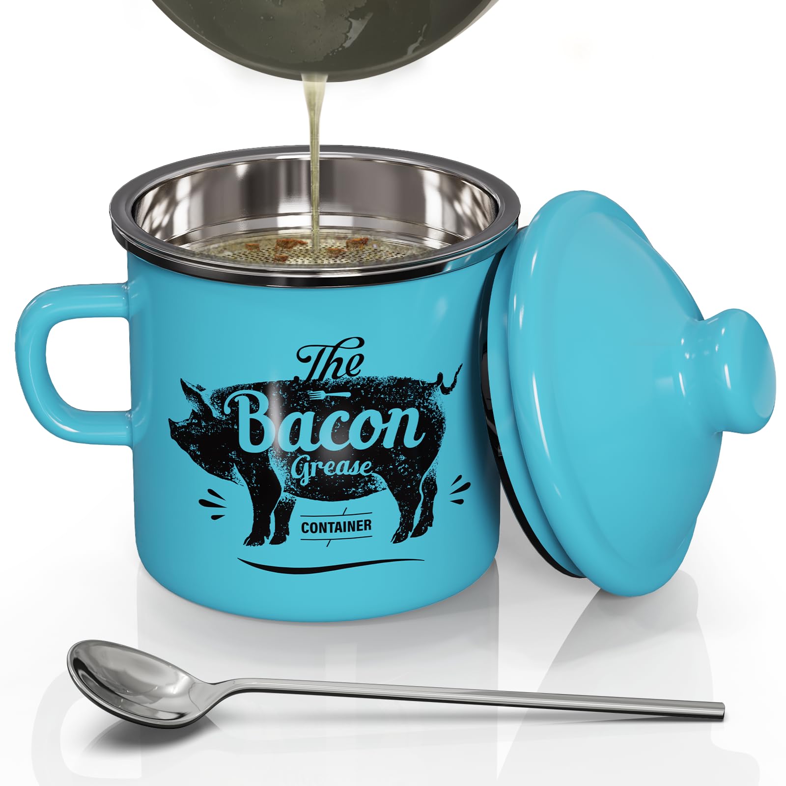 PGYARD Mini Bacon Grease Container With Strainer - 15OZ Enamel Grease Saver, Farmhouse Bacon Grease Keeper For Kitchen Fat Storage, Dishwasher Safe-Red