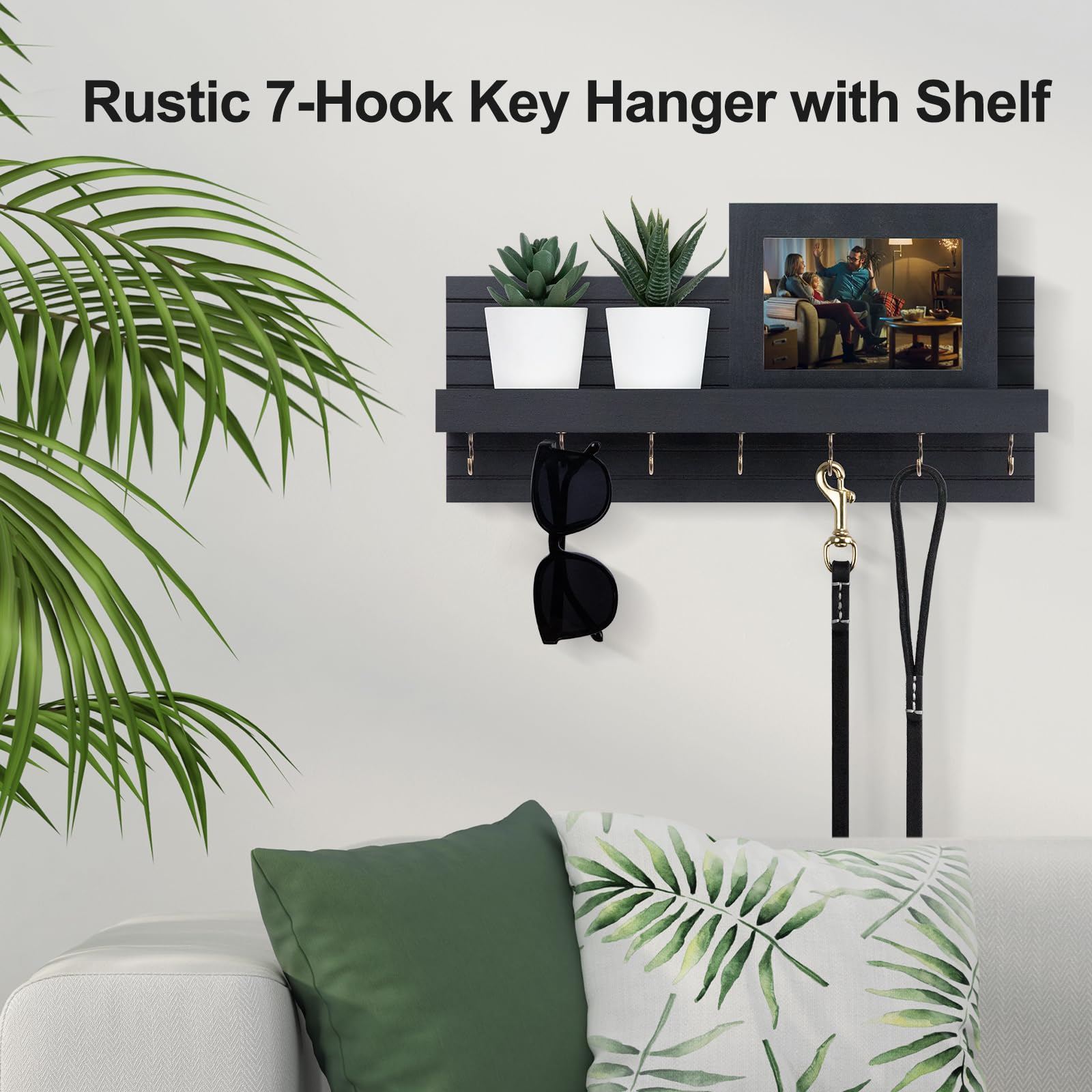 Decorative Key Holder for Wall with Shelf, Entryway Shelf with Hooks Holds Leashes, Jackets and Glasses – Sturdy Wood Keyholder Entrance Hanger with Mounting Hardware (Black, Medium)