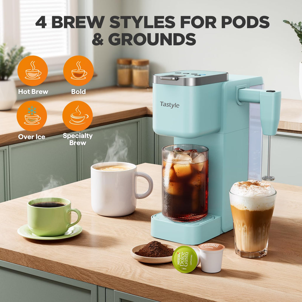 Tastyle 330MF Single Serve Coffee Maker with Built-in Detachable Milk Frother, Iced and Hot Coffee Machine for K Cup & Grounds, 40oz Removable Water Reservoir, 6 Cup Sizes, Fits 7.3" Travel Mug, Black