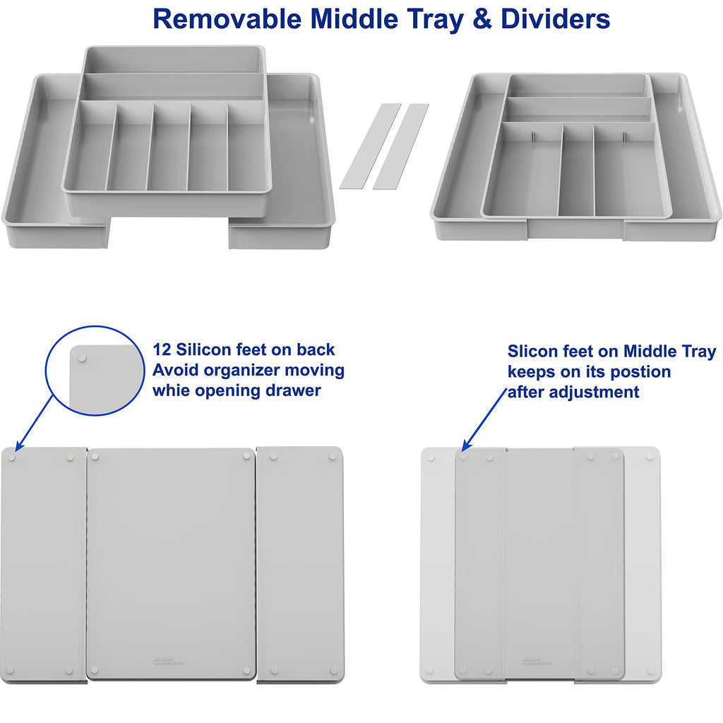 Simple Houseware Expandable & Adjustable Cutlery Drawer Organizer - Large Utensil and Flatware Tray for Kitchen Drawers, White