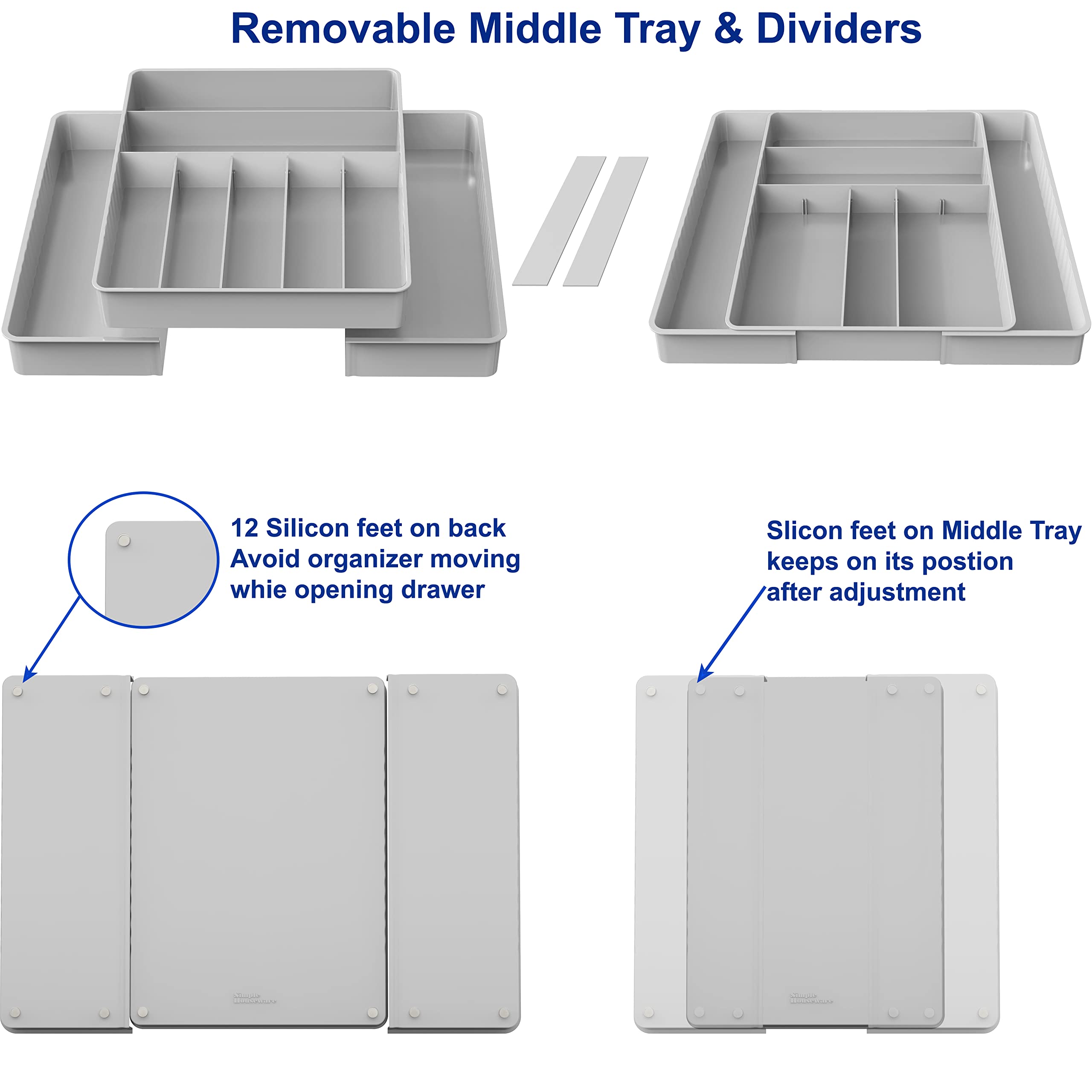 Simple Houseware Expandable & Adjustable Cutlery Drawer Organizer - Large Utensil and Flatware Tray for Kitchen Drawers, White