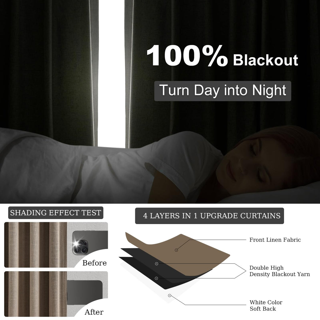 Topfinel Pinch Pleated Curtains 96 Inch Long, 100% Blackout Thermal Insulated Natural Linen Pinch Pleat Viral Drapes with Hooks Rings 2 Panel Sets, Neutral Beige Ivory 8FT Back Tab Window Curtains