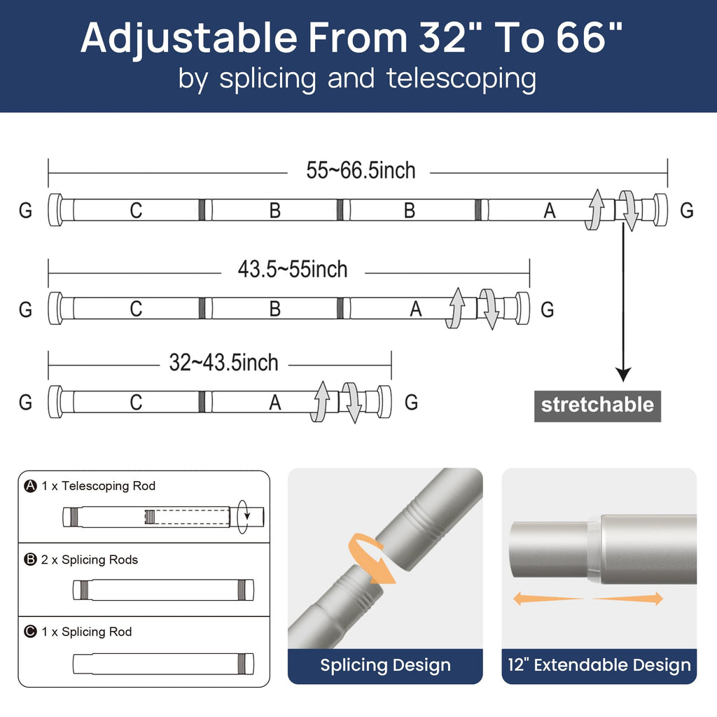 ENJOYBASICS 2 Pack Adjustable Spring Tension Curtain Rods 32 to 66 Inches, Stainless Steel Matte Black Shower Rod No Drilling for Window, Bathroom, Closet, Room Divider, 7/8" Diameter