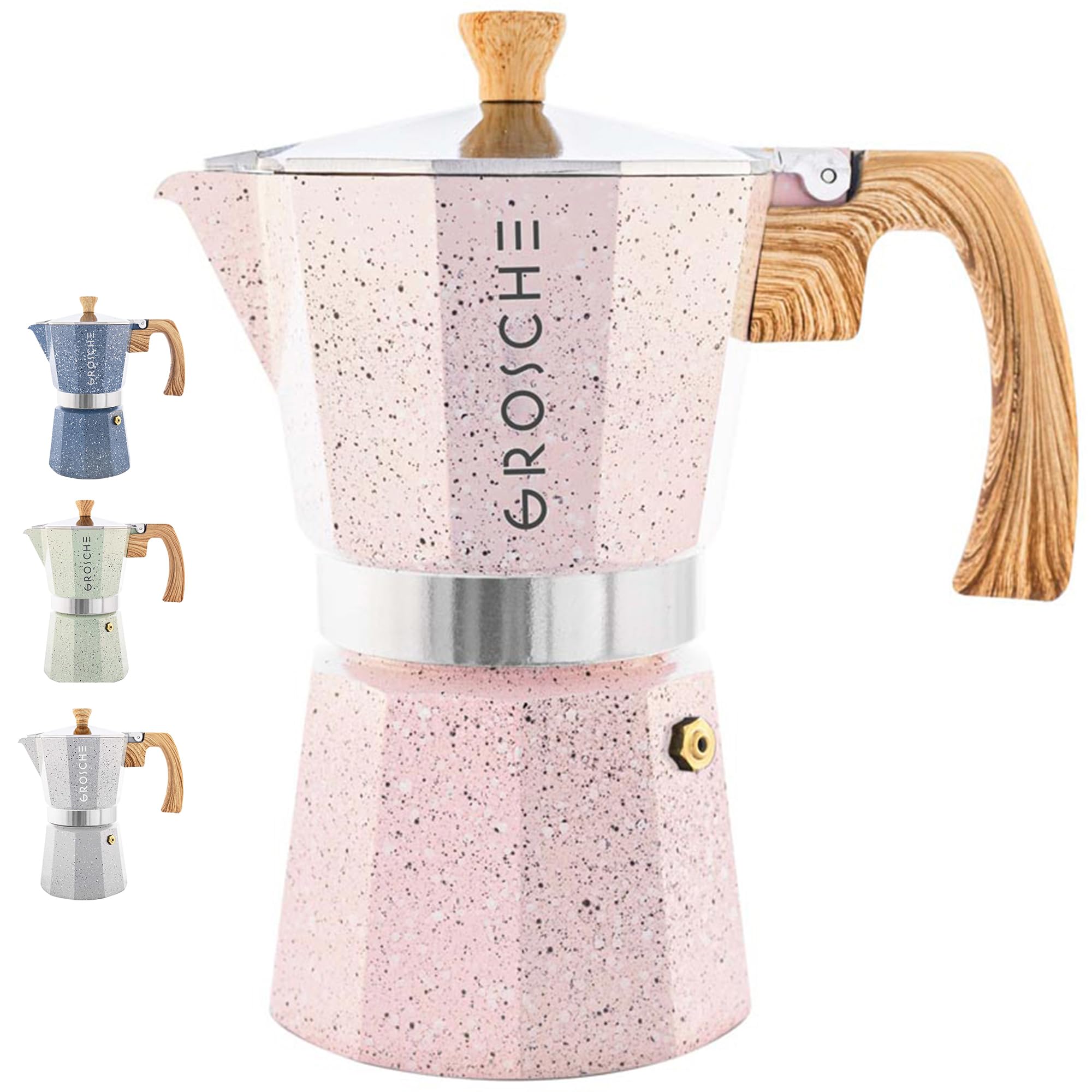 GROSCHE Milano Moka pot, Stovetop Espresso maker, Greca Coffee Maker, Stovetop coffee maker and espresso maker percolator (Grey, 6 cup)