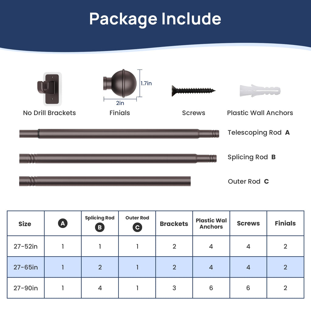 ENJOYBASICS No Drill Curtain Rods for Window 28 to 47 Inches, 5/8 Inch Diameter Renter Friendly Drapery Rod with Adhesive Brackets without Drilling, Adjustable from 27 to 52 Inches, Black