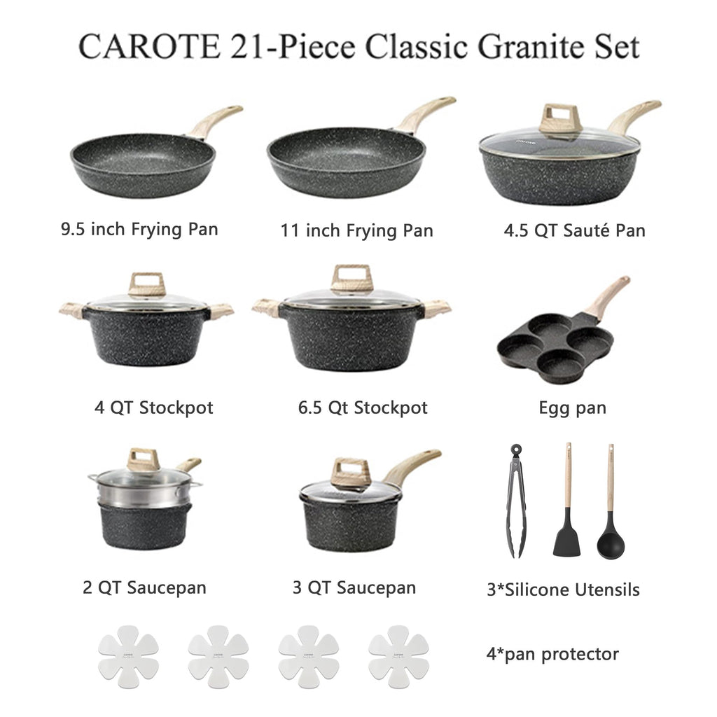 CAROTE 21Pcs Pots and Pans Set, Nonstick Cookware Sets, White Granite Induction Cookware Non Stick Cooking Set w/Frying Pans & Saucepans(PFOS, PFOA Free)
