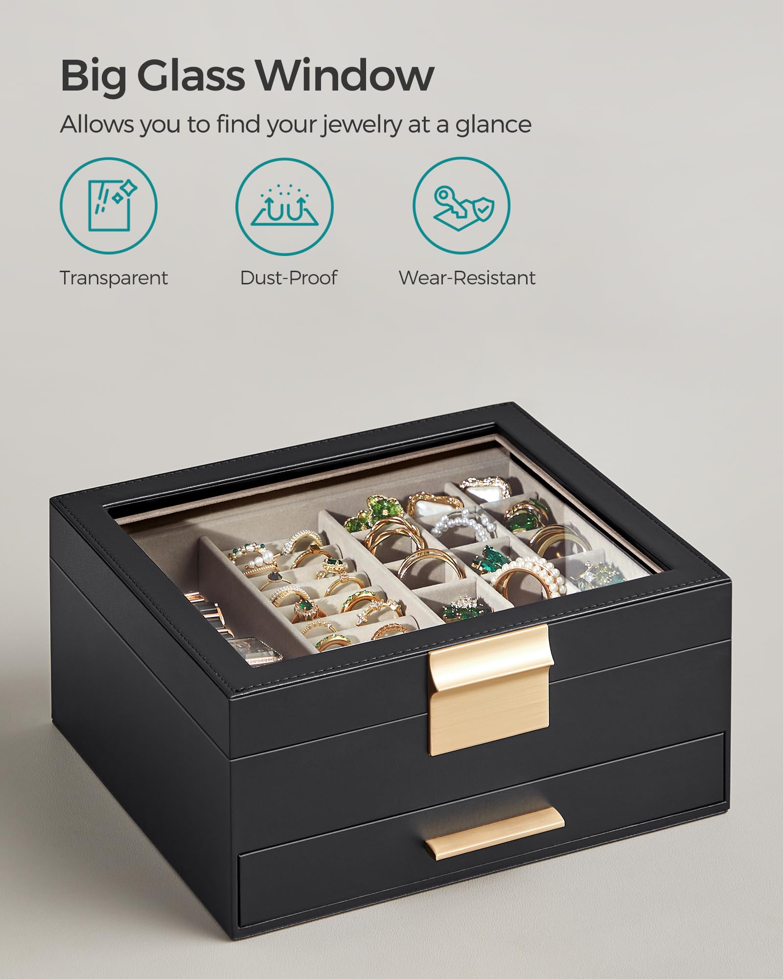 SONGMICS GISELLA Collection - Jewelry Box Organizer, 3-Layer Jewelry Storage with 2 Drawers, Shiny Metal Hardware, Glass Lid, Modern, 8 x 9.1 x 5.3 Inches, Cloud White and Gold Color UJBC239WT