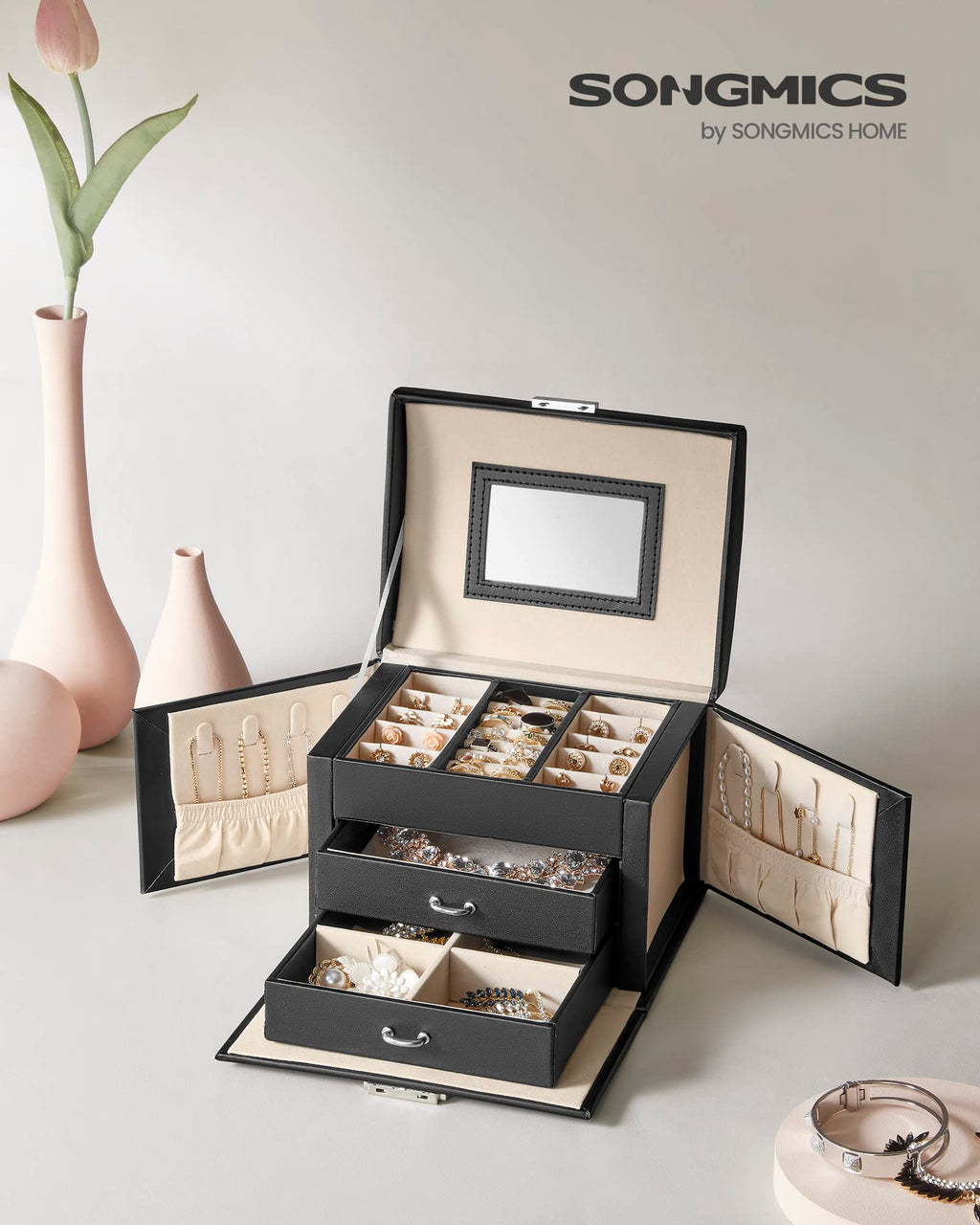 SONGMICS 3-Tier Jewelry Box, Travel Jewelry Case with Handle, 2 Drawers, Lockable Jewelry Organizer with Mirror, Jewelry Storage, Modern Style, Gift for Loved Ones, White UJBC154W01
