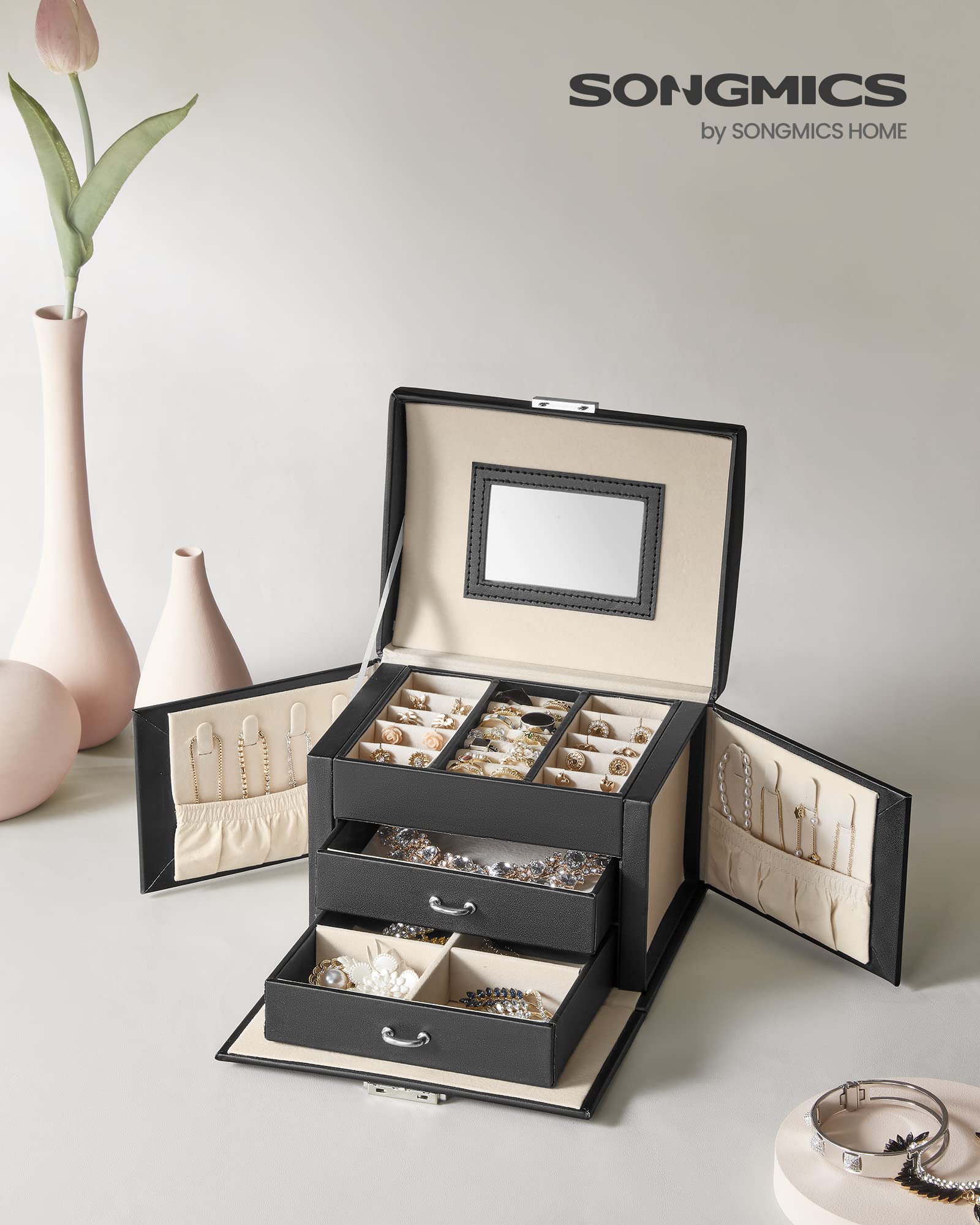 SONGMICS 3-Tier Jewelry Box, Travel Jewelry Case with Handle, 2 Drawers, Lockable Jewelry Organizer with Mirror, Jewelry Storage, Modern Style, Gift for Loved Ones, White UJBC154W01