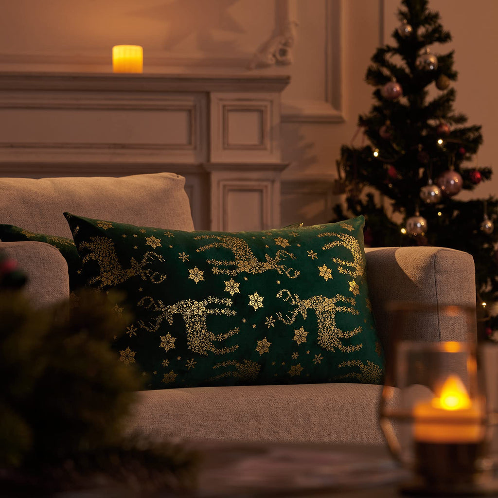 Topfinel Christmas Pillow Covers 18x18 Set of 2,Xmas Cream Velvet Snowflake Reindeer Decorative Pillow Case Winter Holiday Decor for Home Couch,White and Gold