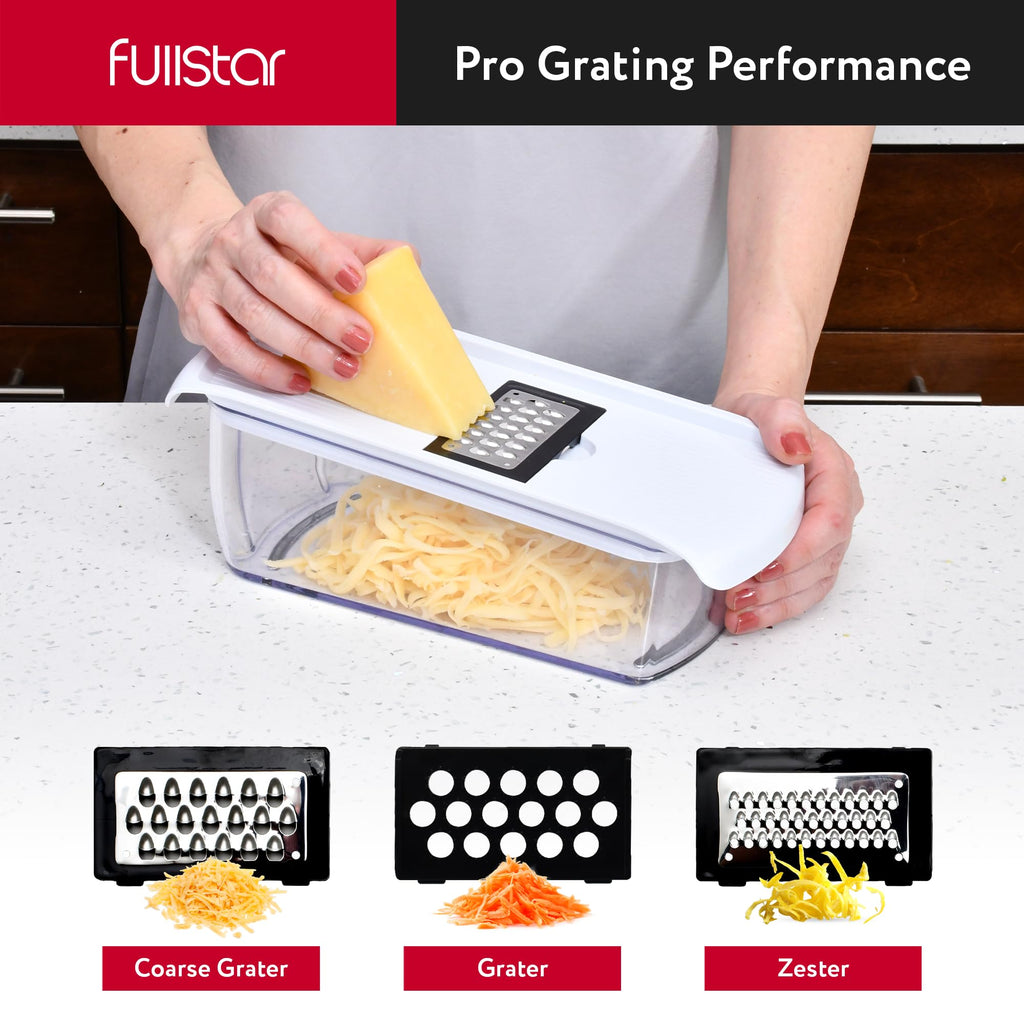 Fullstar Mandoline Slicer for Kitchen - Vegetable Chopper, Onion Potato Food Veggie Fruit Slicer and Cutter with Container, Kitchen Gadgets & Gifts, Home Essentials (6-in-1, White/Black)