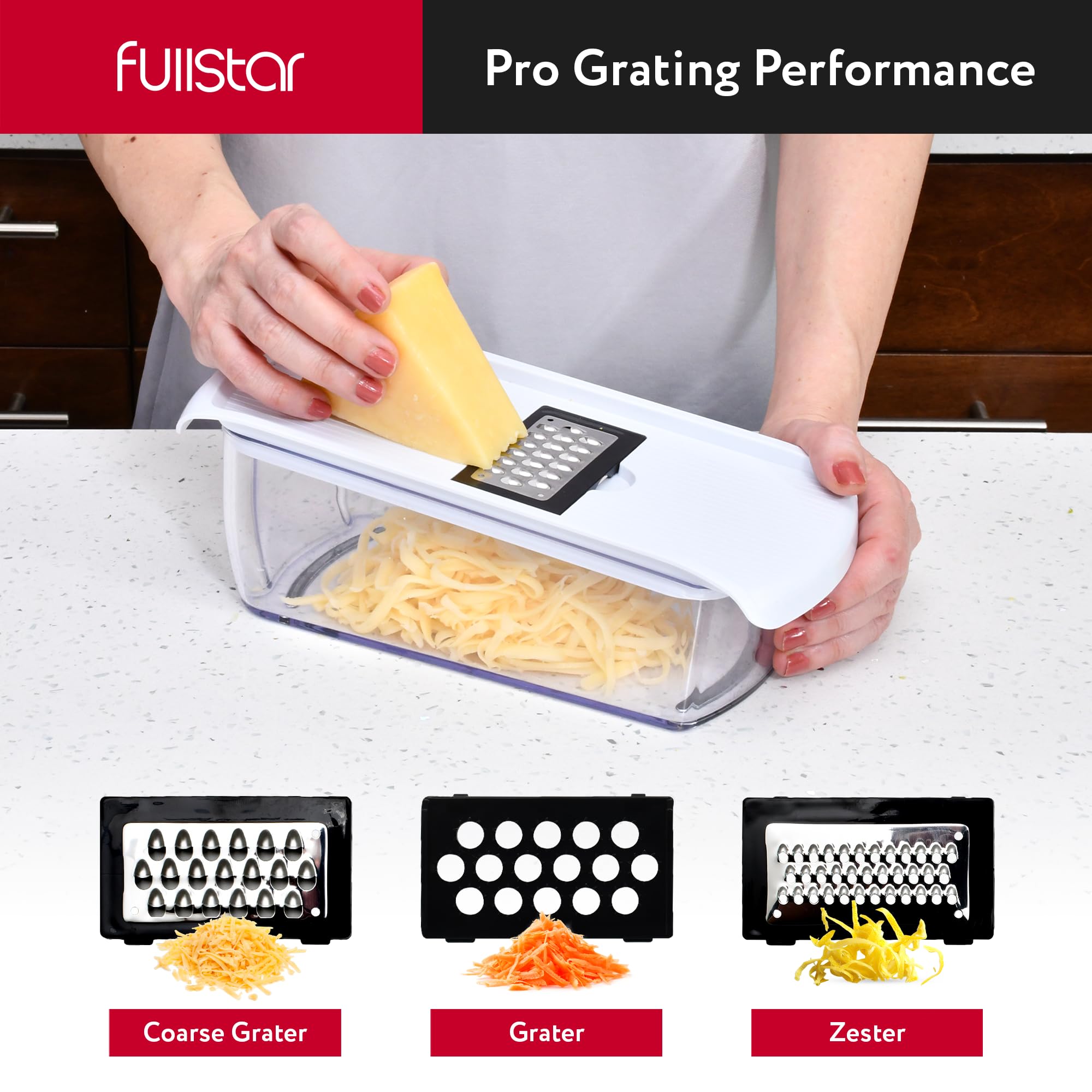 Fullstar Mandoline Slicer for Kitchen - Vegetable Chopper, Onion Potato Food Veggie Fruit Slicer and Cutter with Container, Kitchen Gadgets & Gifts, Home Essentials (6-in-1, White/Black)