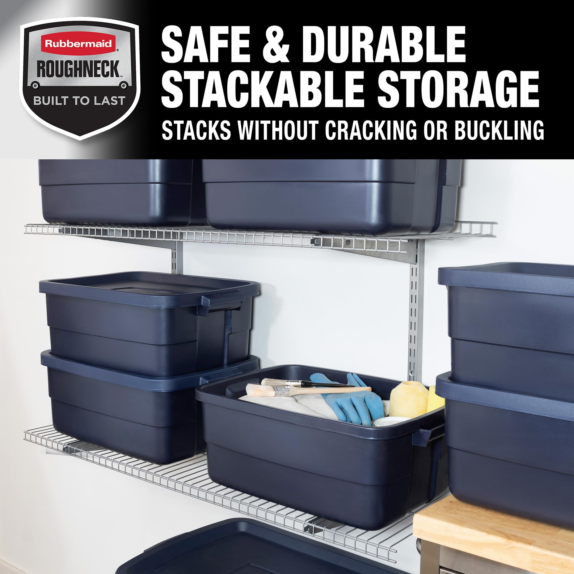 Rubbermaid Roughneck Tote 14 Gal, 6 Pack, Made in USA, Dark Indigo Metallic, Rugged Plastic Stackable Storage Bins with Lids and Handles