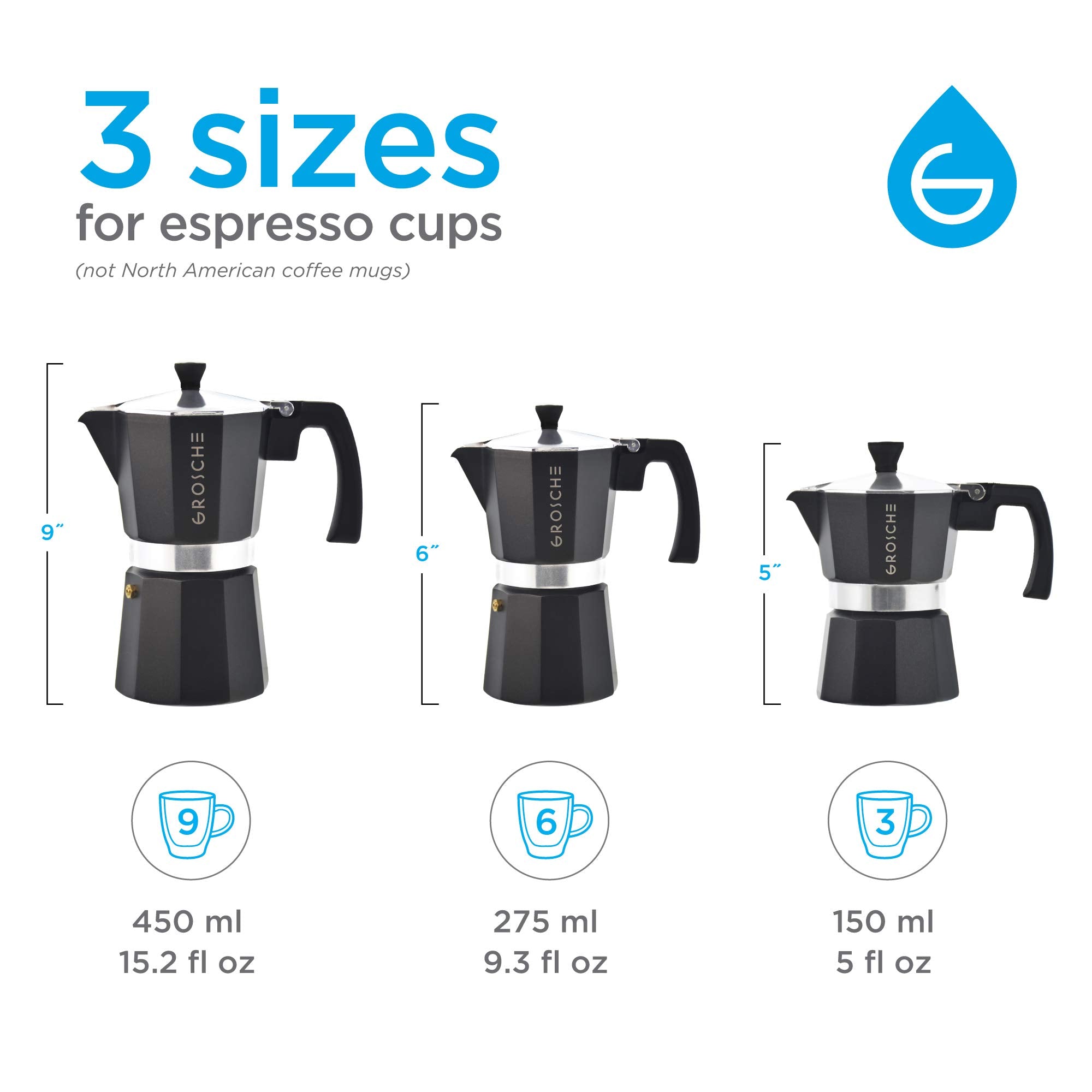 GROSCHE Milano Moka pot, Stovetop Espresso maker, Greca Coffee Maker, Stovetop coffee maker and espresso maker percolator (Grey, 6 cup)