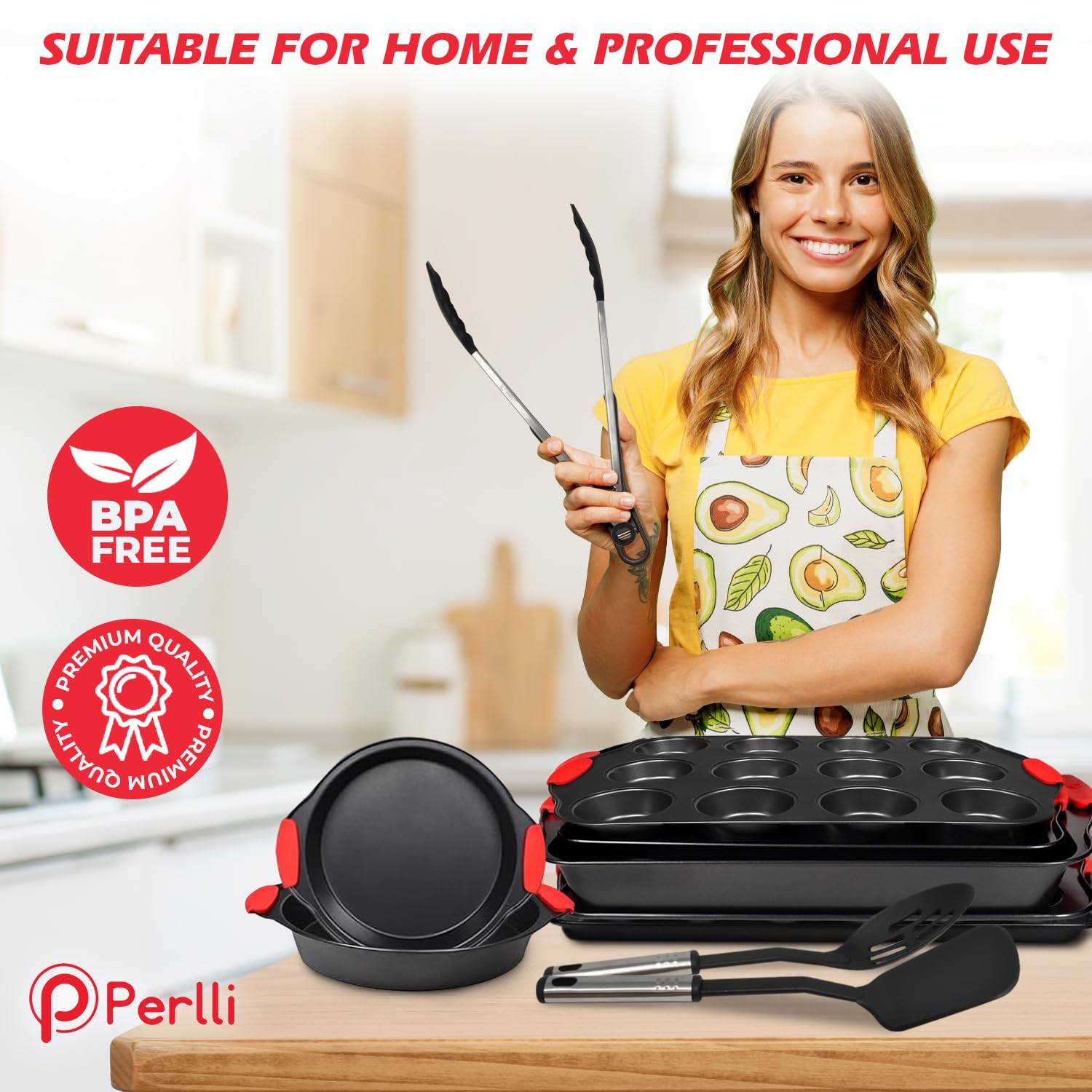 PERLLI Non-Stick 6-Piece Baking Pan Set, BPA-Free Carbon Steel Bakeware Set with Silicone Handles, Stackable Kitchen Oven Set, Cookie Sheet, Baking Tray, Baking Sheet Set, Oven Safe (446°F)
