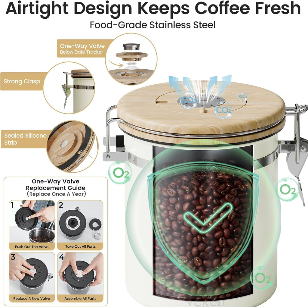 Veken Coffee Canister with Window,Airtight Stainless Steel Kitchen Food Storage Container, Date Tracker & Scoop for Grounds Coffee, Beans, Tea,Flour,Cereal,Sugar,22OZ,Copper