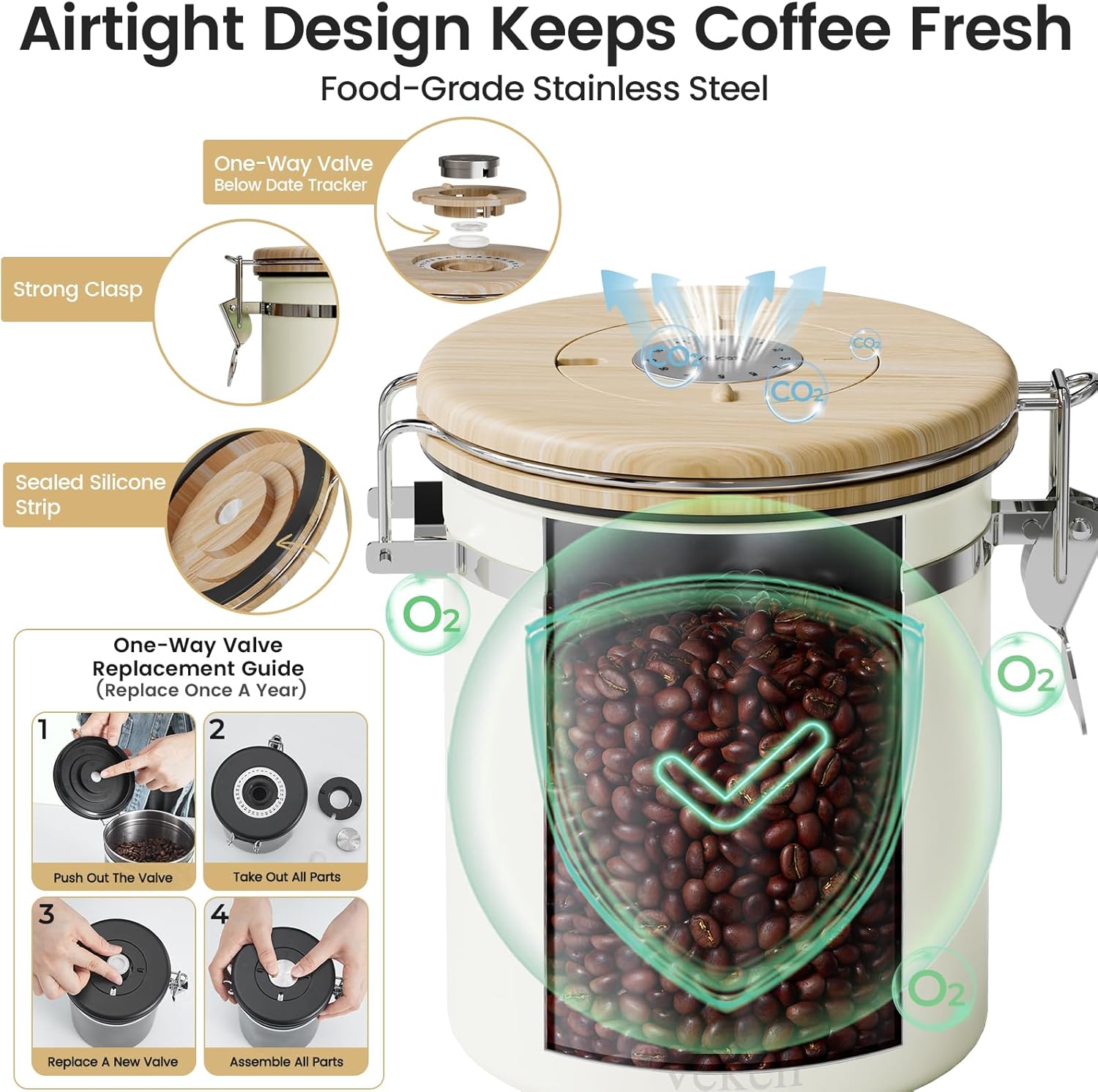Veken Coffee Canister with Window,Airtight Stainless Steel Kitchen Food Storage Container, Date Tracker & Scoop for Grounds Coffee, Beans, Tea,Flour,Cereal,Sugar,22OZ,Copper