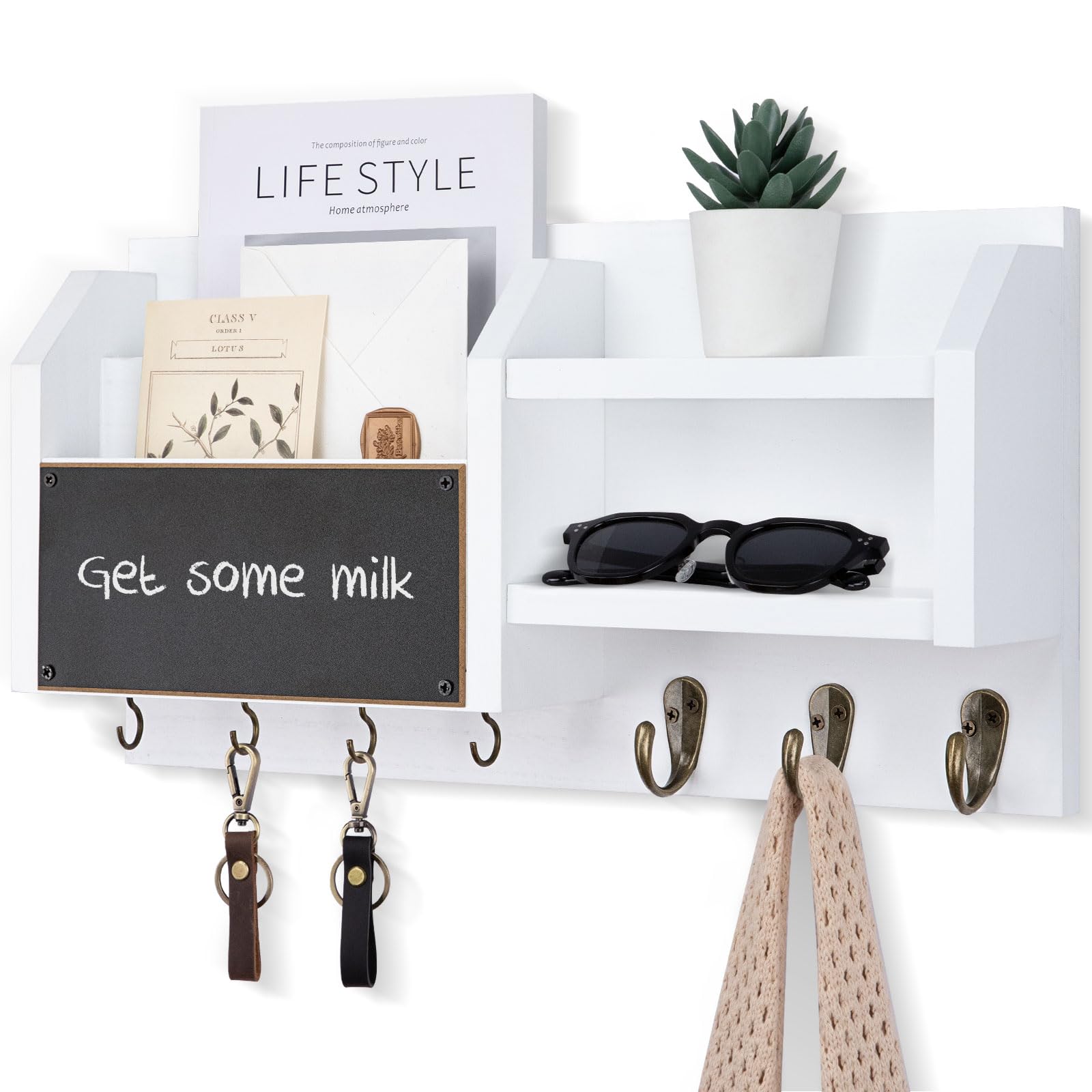 Mail and Key Holder – Wall Mount Key Hanger with Shelf and 7 Metal Hooks – Decorative Natural Paulownia Wood Entryway Organizer with Mounting Hardware (16.5”W x 8.7”H x 3.5”D) (Brown)