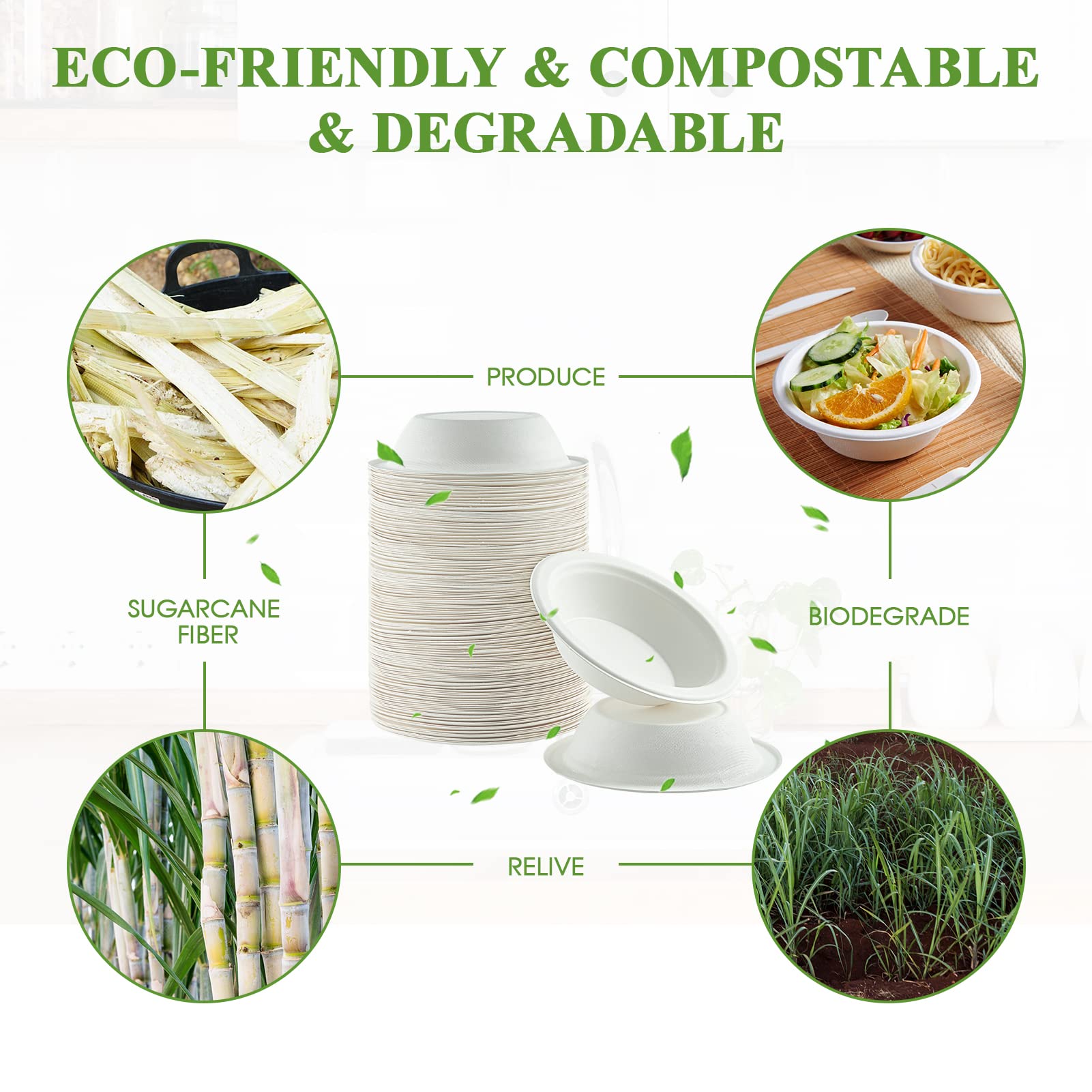 Vplus 200 Pack 16 OZ Paper Bowls, Disposable Compostable Bulk, Eco-friendly Bagasse, Heavy-duty Bowls Perfect for Milk Cereals, Snacks, Salads