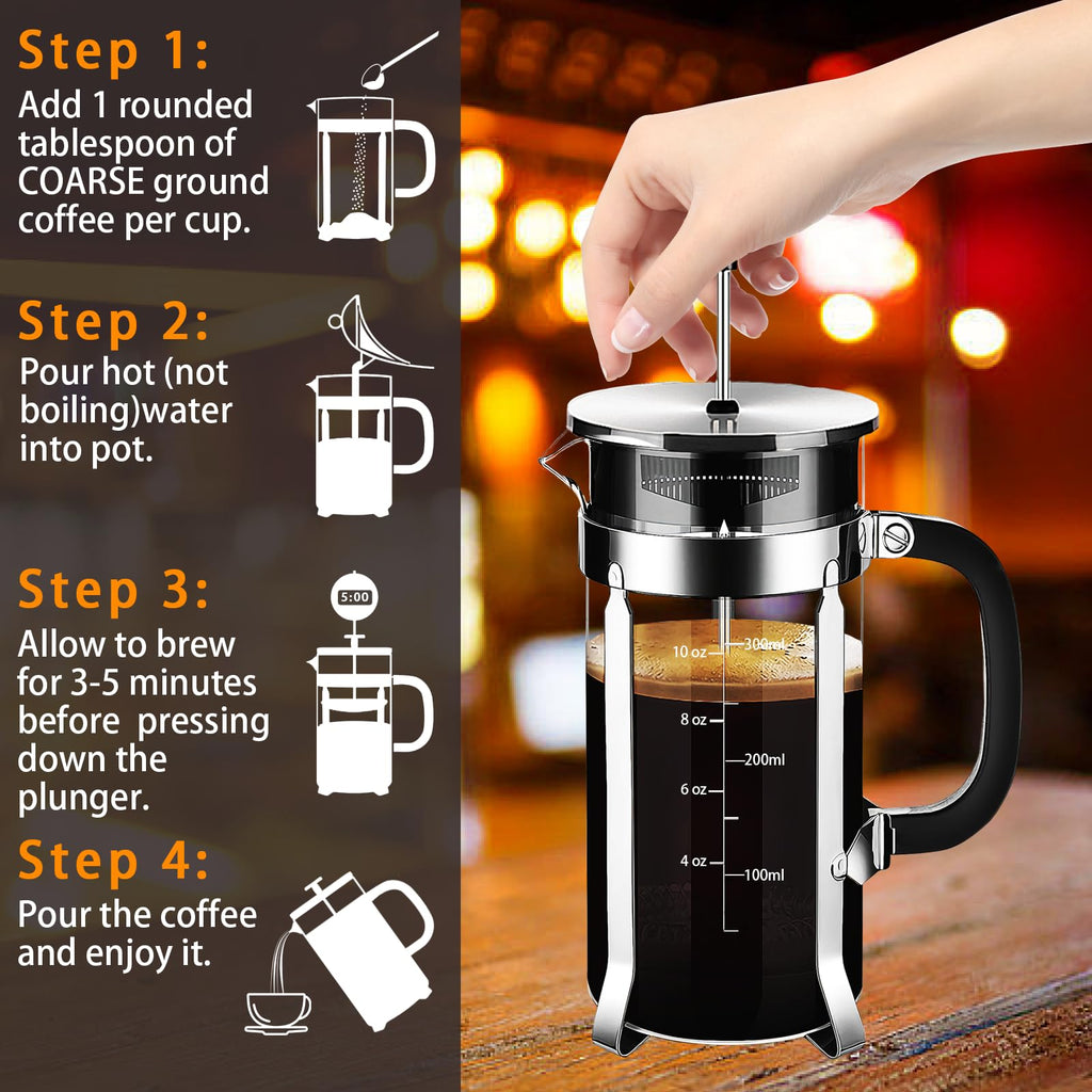 YMMIND French Press Coffee Maker 304 Stainless Steel Coffee Press,with 4 Filters System, Heat Resistant Thickness Borosilicate French Press Glass, BPA-Free Brewed Tea Pot Coffee Plunger(Copper 12oz)